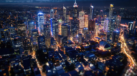 A stunning aerial view of a vibrant city skyline at night, showcasing modern skyscrapers illuminated by bright lights and bustling traffic below.の素材