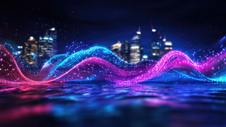 This stunning image captures vibrant abstract waves of color reflecting in water with a captivating city skyline at night, creating a mesmerizing visual experience.の素材