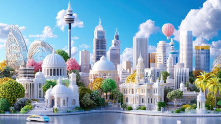 A vibrant city skyline blends modern and historical architecture with lush greenery and clear blue skies, capturing a lively urban atmosphere perfect for exploration.の素材