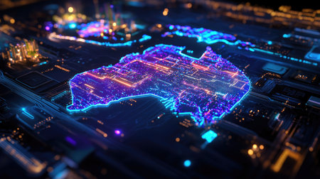 A stunning futuristic digital map of Australia featuring vibrant neon circuit patterns. This captivating design showcases a blend of technology and creativity.の素材