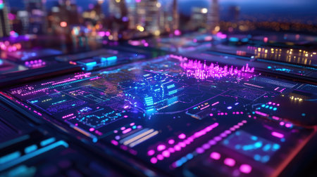 Stunning digital circuit board with vibrant neon colors set against a futuristic urban landscape, showcasing innovation in technology and design.の素材