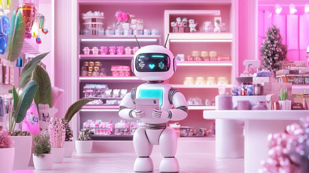 A charming robot stands in a vibrant candy store filled with colorful sweets and pastel decor, showcasing a delightful blend of technology and retail joy.の素材