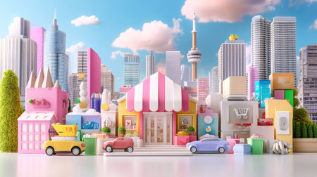 A vibrant miniature cityscape showcasing playful buildings and iconic structures under a sunny sky, perfect for illustrating creativity and imagination in urban design.の素材