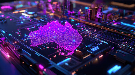 Abstract digital city map glowing in neon colors, showcasing futuristic technology and circuit designs, perfect for illustrating innovation and urban landscapes.の素材