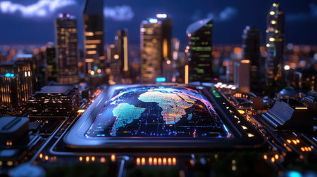 A vibrant cityscape featuring a digital map of Africa illuminated at night. Modern buildings rise alongside a colorful representation of connectivity and technology.の素材