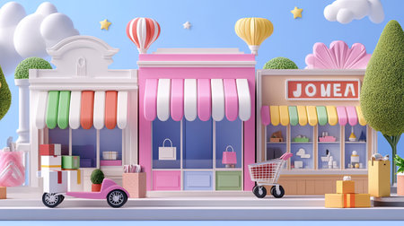 A charming scene featuring colorful boutique storefronts with vibrant awnings, balloons, and whimsical clouds, perfect for showcasing a cheerful shopping atmosphere.の素材