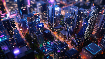 Stunning aerial view showcasing a vibrant city skyline at night, featuring illuminated buildings, bustling streets, and colorful lights, creating a dynamic urban atmosphere.の素材