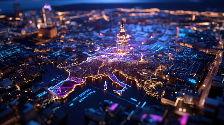 A stunning aerial view capturing a vibrant city at night, illuminated by colorful lights. The skyline showcases modern architecture and reflects creativity and beauty.の素材