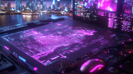 A stunning futuristic cityscape featuring a glowing neon map displayed on a high-tech interface, set against a vibrant urban skyline at night.の素材