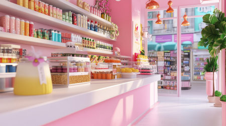 A vibrant beauty supply store interior showcasing a diverse range of products. Bright pink walls and stylish shelves invite customers to explore cosmetics and skincare items.の素材
