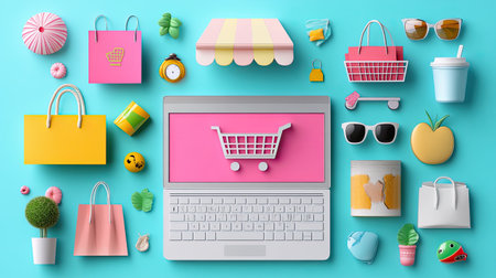 Vibrant flatlay showcasing a laptop with a shopping cart icon, surrounded by colorful accessories representing online shopping, creating a lively and inviting atmosphere.の素材
