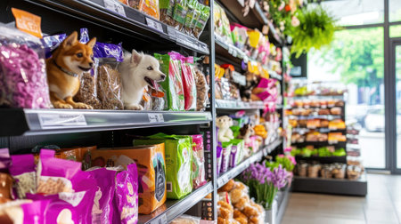 A vibrant pet store aisle filled with colorful packaged dog treats and accessories. This inviting retail space enhances the shopping experience for pet owners.の素材