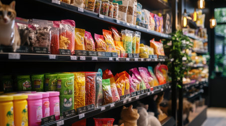 A vibrant display of colorful pet food and treats lines the shelves of a retail store, showcasing a diverse selection for animal lovers and pet owners.の素材