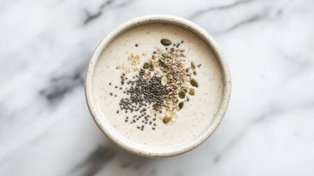 A creamy yogurt bowl topped with a variety of healthy seeds and nuts, perfect for breakfast or a nutritious snack. Ideal for food enthusiasts and wellness lovers.の素材