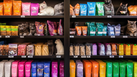 A vibrant display of pet food packages on shelves features playful cats resting and exploring their surroundings, showcasing a lively shopping experience for pet lovers.の素材