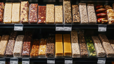 A vibrant assortment of healthy snack bars neatly arranged on a store shelf. Each bar showcases unique ingredients and flavors, perfect for nutritious snacking.の素材