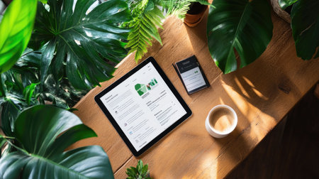 A bright workspace featuring a tablet, coffee cup, and lush greenery on a wooden table. Perfect for promoting productivity and relaxation in home offices.の素材