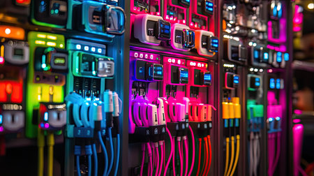 A vibrant display of colorful power cables and connectors illuminated by neon lights. This visually striking arrangement showcases modern technology and design elements.の素材