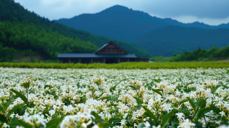 A breathtaking view of a lush green field adorned with blossoming white flowers, set against a backdrop of majestic mountains under a cloudy sky.の素材