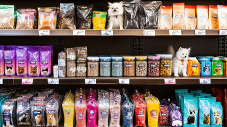 A vibrant retail pet food aisle showcases a variety of packaged food for dogs and cats, featuring colorful bags and containers, ensuring diverse options for pet owners.の素材