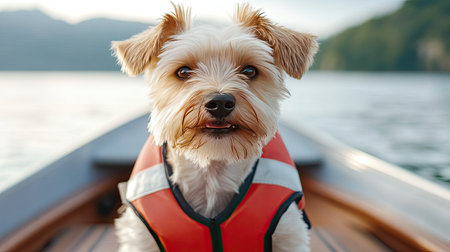 A small dog wearing a bright life jacket sits on a boat, capturing the essence of summer adventures on tranquil waters. Joyful and safe, the pet showcases a playful spirit against a serene backdrop.の素材