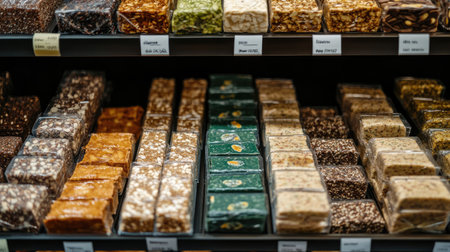 Explore a vibrant display of assorted nut and sweet bars in a market. Perfect for snacks, treats, or energy boosts, these colorful bars showcase rich flavors and healthy ingredients.の素材