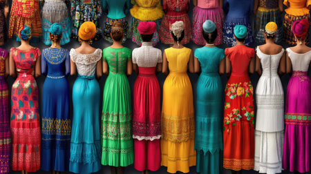 A stunning array of colorful traditional dresses showcased from the back, highlighting vibrant patterns and unique styles. Perfect for celebrating cultural heritage.の素材