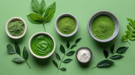 Display of various green powders and pastes in bowls, surrounded by fresh leaves. Perfect for promoting health, wellness, and natural ingredients in culinary arts.の素材