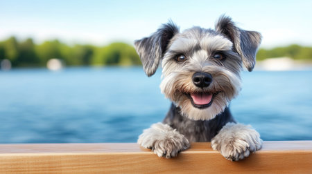 A joyous small dog rests its paws on a wooden edge, enjoying a bright sunny day by the serene water. Perfect for capturing moments of happiness and companionship.の素材