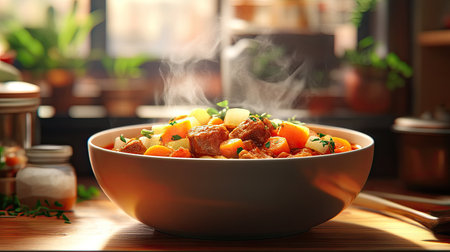 A steaming bowl of hearty stew filled with vibrant vegetables, perfect for a cozy meal. Captured in a warm, inviting kitchen with natural light.の素材