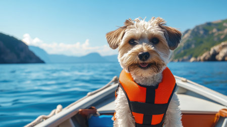 A cheerful dog wearing a life jacket sits in a small boat, surrounded by sparkling water and stunning mountain scenery, capturing the spirit of adventure.の素材