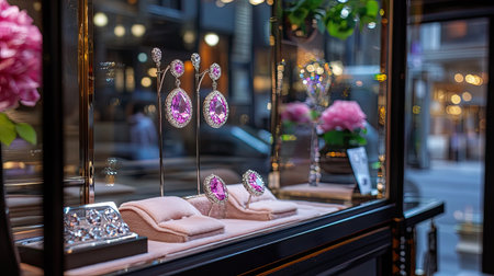 A stunning jewelry display featuring pink gemstones elegantly arranged with delicate floral accents, capturing the essence of luxury and sophistication in an urban setting.の素材