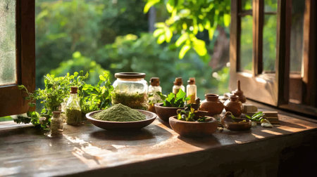 A serene display of fresh herbs and green leaves arranged on a wooden countertop, illuminated by soft sunlight. This setup reflects a natural, rustic kitchen environment.の素材