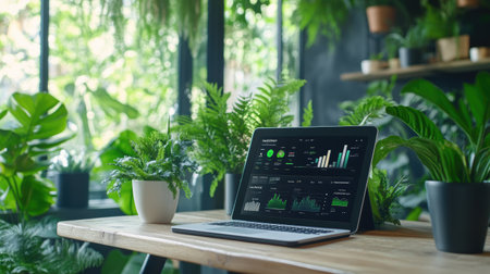 A modern laptop displaying data analytics sits on a wooden desk surrounded by lush greenery, creating a serene workspace ambiance ideal for productivity and inspiration.の素材