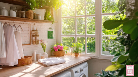 A cozy laundry room featuring natural light streaming through large windows, lush greenery, and vibrant flowers, creating a refreshing and tranquil atmosphere.の素材