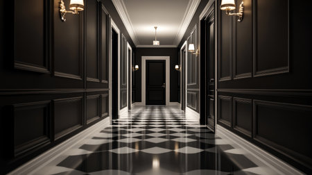 This image showcases an elegant black and white hallway featuring classic interior design elements. The sophisticated ambiance highlights open doors and intricate flooring patterns.の素材