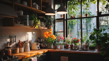 A bright kitchen filled with natural light, featuring blooming flowers and lush plants on the windowsill, creating a warm and inviting atmosphere.の素材