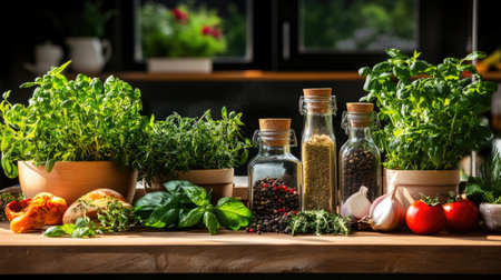 A vibrant display of fresh herbs and vegetables on a kitchen counter illuminated by natural light, showcasing culinary ingredients perfect for healthy cooking and meal preparation.の素材