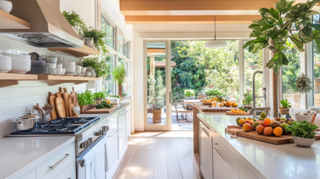 A bright modern kitchen showcasing fresh fruits and greenery. The open space filled with natural light creates an inviting and serene atmosphere ideal for cooking and relaxation.の素材
