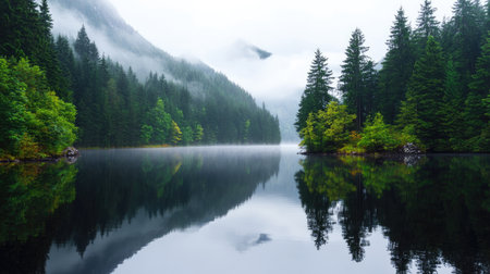 This captivating image showcases a misty lake reflecting lush greenery and tranquil mountains, creating a serene atmosphere perfect for nature lovers.の素材
