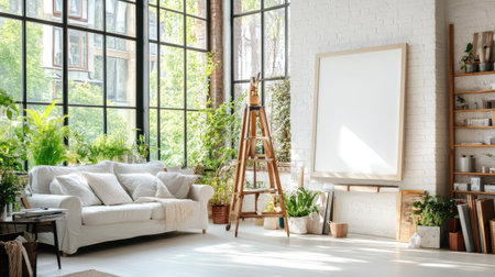 This bright and airy living room features an artist's easel and abundant greenery, creating a cozy, inspiring atmosphere perfect for creativity and relaxation.の素材