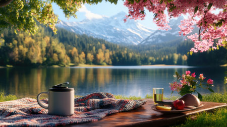 Enjoy a peaceful lakeside morning scene featuring coffee, fresh fruit, and vibrant flowers, set against stunning mountain views and a tranquil atmosphere.の素材