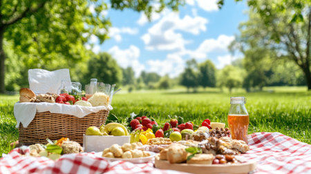 A vibrant picnic scene features a basket filled with fresh fruits, desserts, and drinks. Enjoy the sunny day surrounded by greenery and bright blue sky. Perfect for gatherings!の素材