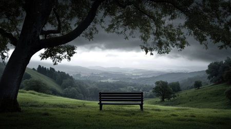 A peaceful empty bench sits in a verdant landscape, surrounded by rolling hills. Dark clouds loom overhead, creating a moody atmosphere for reflection.の素材