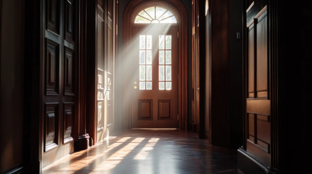 A beautifully lit wooden hallway featuring sunlight streaming through an elegant doorway, creating a warm and inviting atmosphere perfect for interior design inspirations.の素材