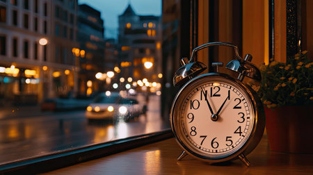 A vintage alarm clock sits on a wooden surface next to a window, capturing the serene evening cityscape with soft street lights illuminating the tranquil scene.の素材