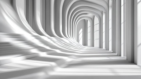 This image showcases an elegant white interior featuring curved architecture illuminated by natural light, creating a serene and stylish atmosphere.の素材