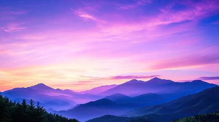 Stunning view of a sunset illuminating a mountain range with vibrant colors. An array of pastel pinks, blues, and purples creates a calm and serene atmosphere.の素材