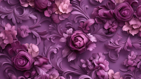 A stunning floral relief design featuring intricate roses and blossoms in beautiful shades of purple and pink. Perfect for elegant decor.の素材