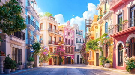 A picturesque view of a vibrant Mediterranean village showcasing colorful buildings adorned with flowers, inviting bright sunlight, and a serene atmosphere perfect for exploration.の素材